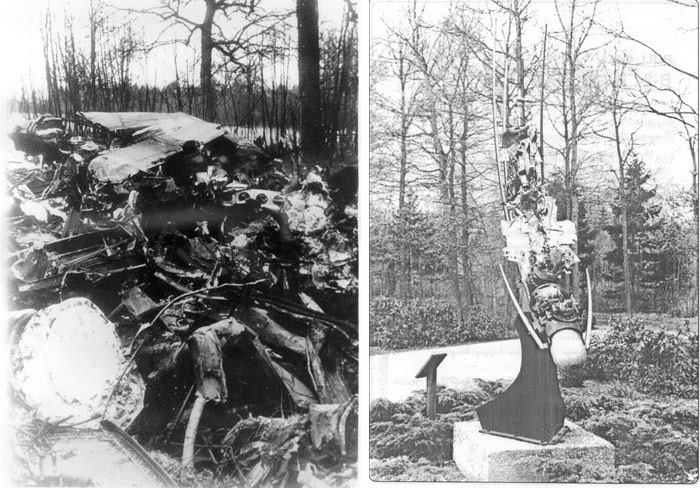Het op 6 maart 1944 neergestorte toestel van Crew 48 en het monument dat van onderdelen van het wrak gemaakt is (landgoed Salentein bij Nijkerk)